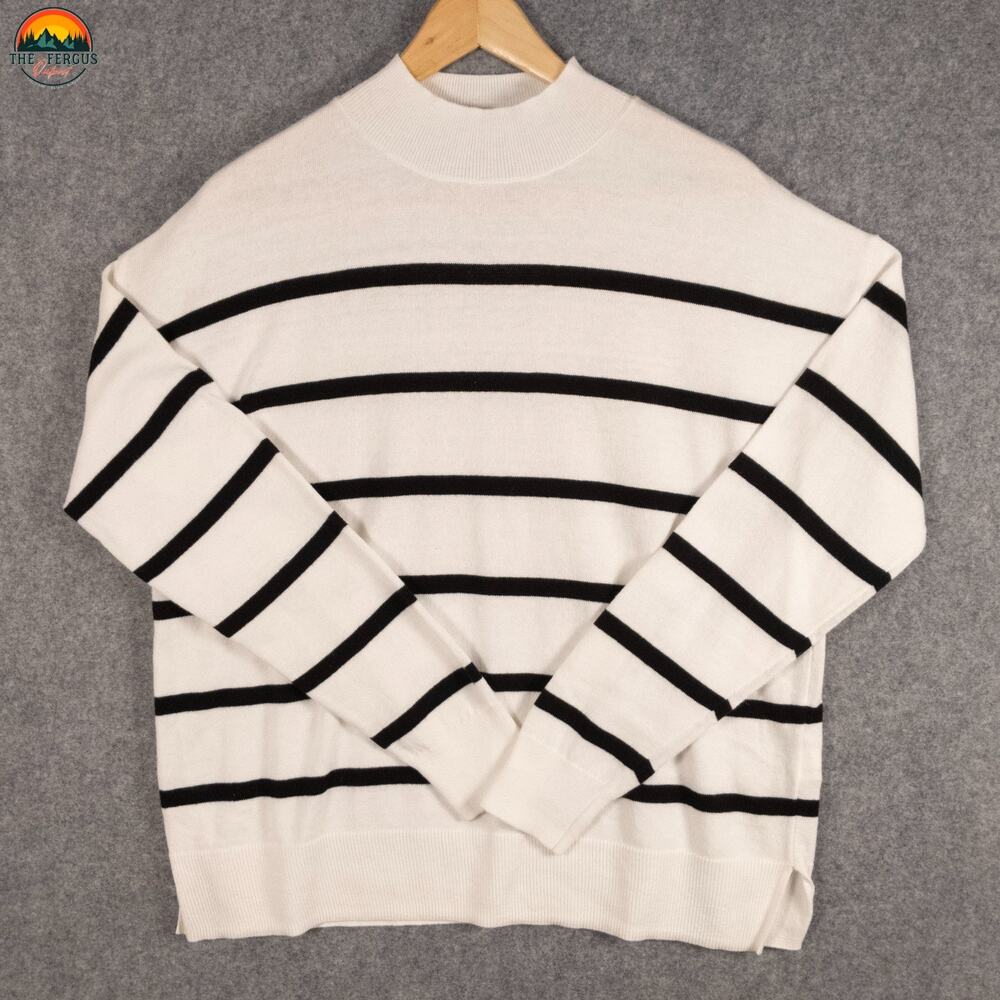 Old Navy Mock Neck Sweater White Black Striped Light Academia Women's Size M